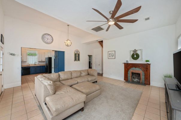 Fireplace, Interior, Kitchen, Living room, Pendant Lights