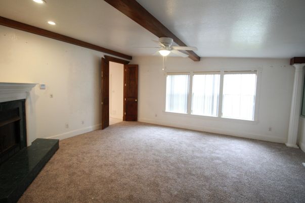 Empty room, Fireplace, Interior, Recessed Lighting, Wooden Beams