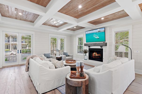 Fireplace, Interior, Living room, Recessed Lighting, Wooden Ceilings, Wood Texture Flooring