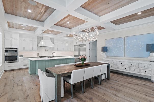 Interior, Kitchen, Pendant Lights, Recessed Lighting, Stainless Steel Appliances, Wooden Ceilings, Wood Texture Flooring