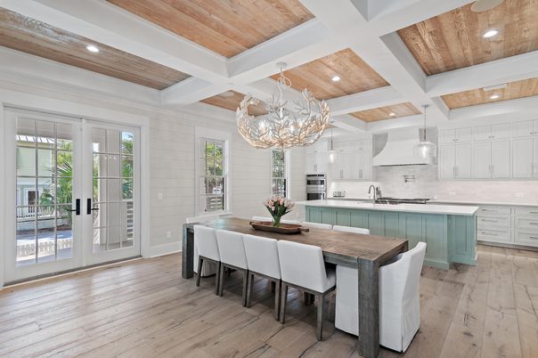 Chandelier, Dining room, Interior, Kitchen, Pendant Lights, Recessed Lighting, Stainless Steel Appliances, Wooden Beams, Wooden Ceilings, Wood Texture Flooring