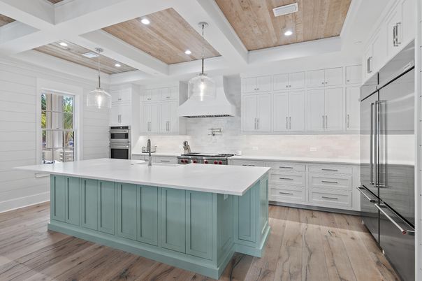 Interior, Kitchen, Pendant Lights, Recessed Lighting, Stainless Steel Appliances, Wooden Ceilings, Wood Texture Flooring