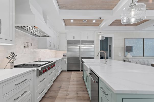 Interior, Kitchen, Pendant Lights, Recessed Lighting, Stainless Steel Appliances, Wooden Ceilings, Wood Texture Flooring