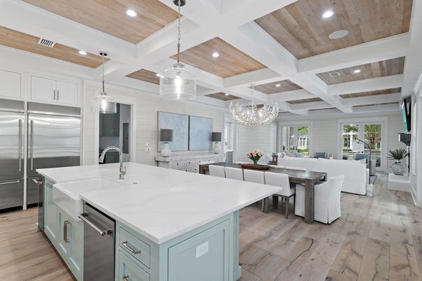 Chandelier, Interior, Kitchen, Living room, Pendant Lights, Recessed Lighting, Stainless Steel Appliances, Wooden Ceilings, Wood Texture Flooring