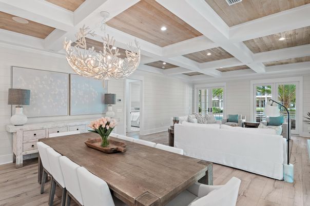 Chandelier, Dining room, Interior, Living room, Recessed Lighting, Wooden Ceilings, Wood Texture Flooring