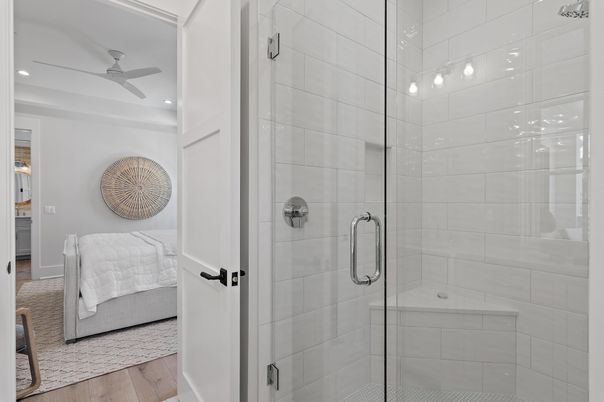 Bathroom, Bedroom, Glass Shower, Interior, Recessed Lighting, Wood Texture Flooring
