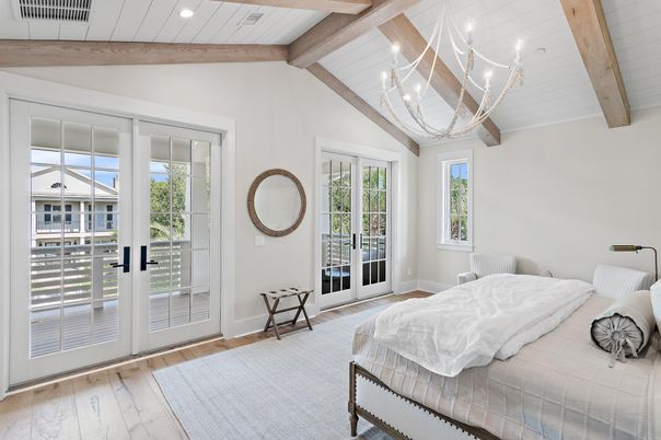 Bedroom, Chandelier, Interior, Recessed Lighting, Wooden Beams, Wood Texture Flooring