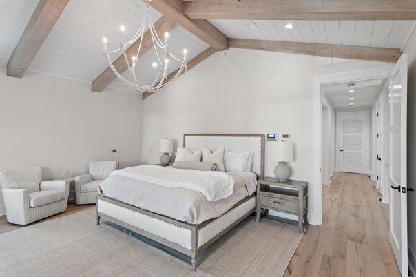 Bedroom, Interior, Pendant Lights, Recessed Lighting, Wooden Beams, Wood Texture Flooring