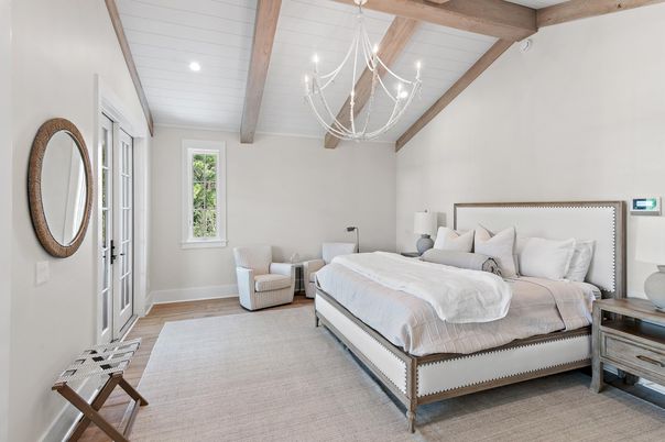 Bedroom, Chandelier, Interior, Recessed Lighting, Wooden Beams, Wood Texture Flooring