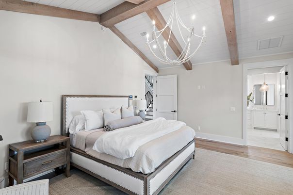 Bedroom, Chandelier, Interior, Recessed Lighting, Wooden Beams, Wood Texture Flooring