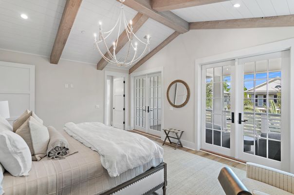 Bedroom, Chandelier, Interior, Recessed Lighting, Wooden Beams