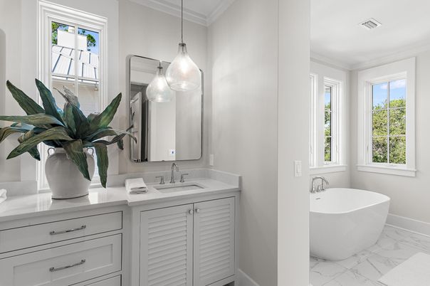 Bathroom, Dual Sink Vanities, Free Standing Baths, Interior, Marble, Pendant Lights