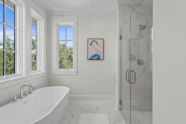 Bathroom, Free Standing Baths, Glass Shower, Interior, Marble, Marble Walls