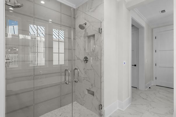 Bathroom, Glass Shower, Interior, Marble, Marble Walls, Recessed Lighting
