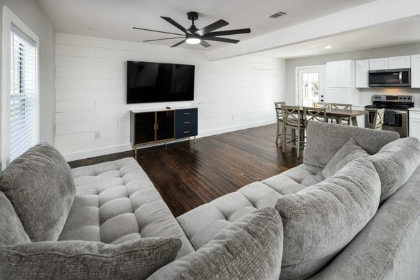 Dining room, Interior, Kitchen, Living room, Recessed Lighting, Stainless Steel Appliances, Wood Texture Flooring