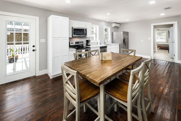Dining room, Interior, Kitchen, Recessed Lighting, Stainless Steel Appliances, Wood Texture Flooring