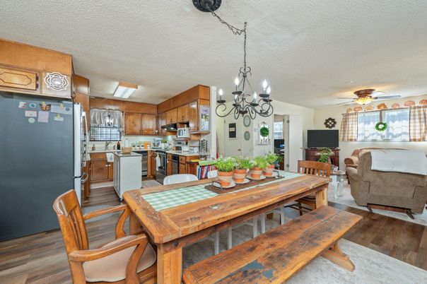 Chandelier, Dining room, Interior, Kitchen, Living room, Wood Texture Flooring