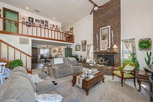 Dining room, Fireplace, Interior, Living room, Recessed Lighting, Stone Walls