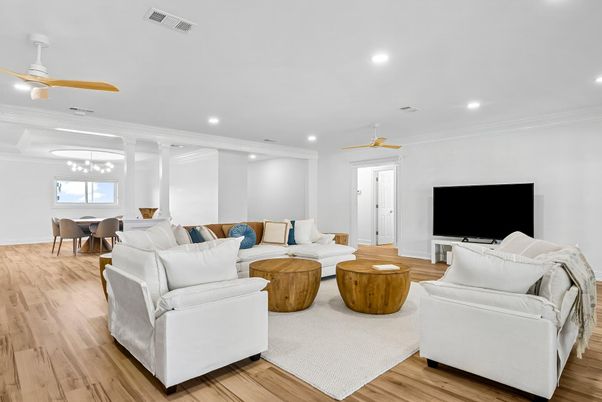 Dining room, Interior, Living room, Recessed Lighting, Wood Texture Flooring