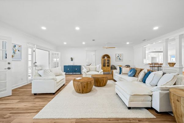 Dining room, Interior, Living room, Recessed Lighting, Wood Texture Flooring