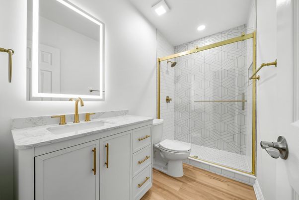 Bathroom, Glass Shower, Interior, Recessed Lighting, Wood Texture Flooring