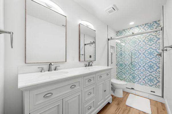 Bathroom, Dual Sink Vanities, Glass Shower, Interior, Recessed Lighting, Wood Texture Flooring