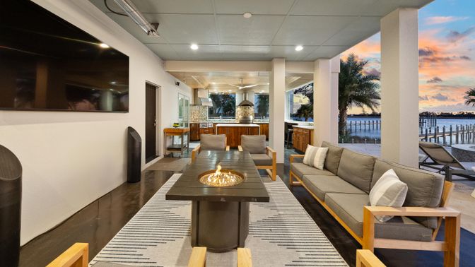 Fireplace, Interior, Living room, Recessed Lighting, Water