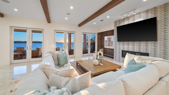 Fireplace, Interior, Living room, Recessed Lighting, Water, Wooden Beams