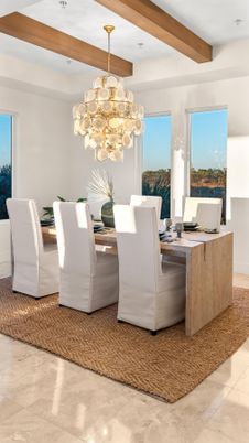 Dining room, Interior, Living room, Pendant Lights, Recessed Lighting, Water, Wooden Beams