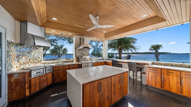 Exterior, Fireplace, Kitchen, Water