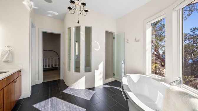 Bathroom, Free Standing Baths, Interior, Pendant Lights, Wood Texture Flooring