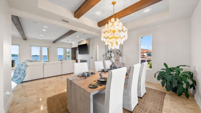 Chandelier, Dining room, Interior, Living room, Recessed Lighting, Wooden Beams