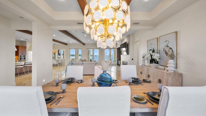 Chandelier, Dining room, Interior, Living room, Recessed Lighting, Wood Texture Flooring
