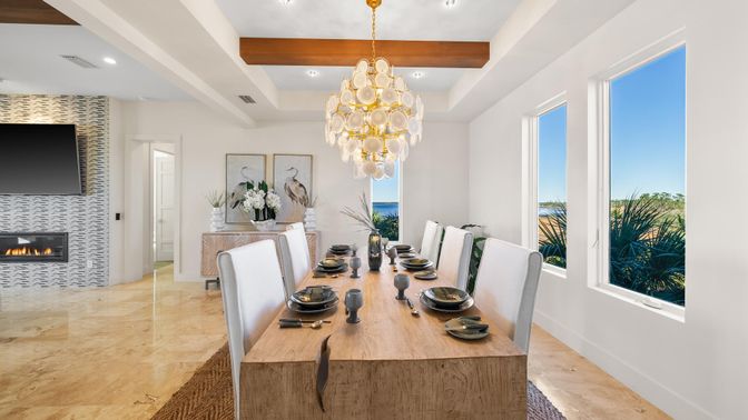 Chandelier, Dining room, Fireplace, Interior, Recessed Lighting, Wooden Beams