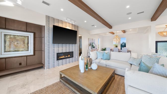 Dining room, Fireplace, Interior, Living room, Pendant Lights, Recessed Lighting, Wooden Beams