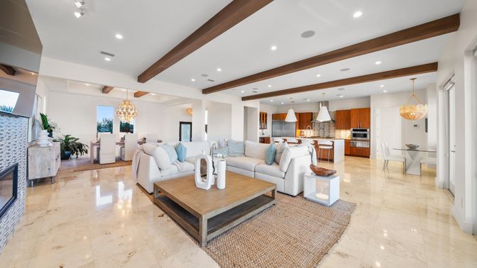Chandelier, Dining room, Interior, Kitchen, Living room, Pendant Lights, Recessed Lighting, Stainless Steel Appliances, Wooden Beams