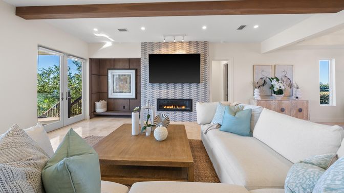 Fireplace, Interior, Living room, Recessed Lighting, Wooden Beams