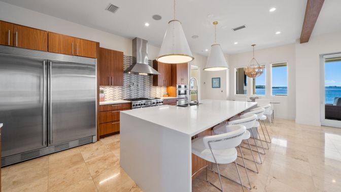 Interior, Kitchen, Pendant Lights, Recessed Lighting, Stainless Steel Appliances, Water, Wooden Beams