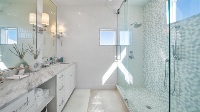 Bathroom, Dual Sink Vanities, Glass Shower, Interior