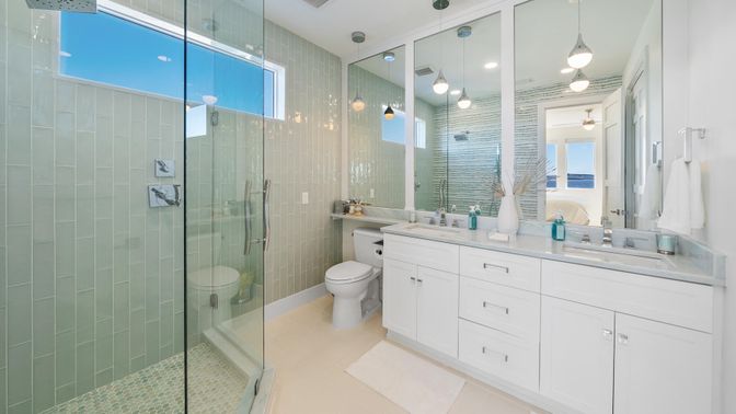 Bathroom, Dual Sink Vanities, Glass Shower, Interior, Pendant Lights, Recessed Lighting