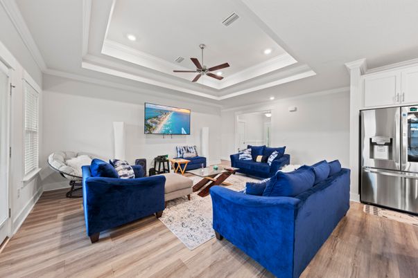 Interior, Living room, Recessed Lighting, Stainless Steel Appliances, Wood Texture Flooring