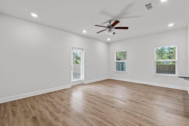 Empty room, Interior, Recessed Lighting, Wood Texture Flooring