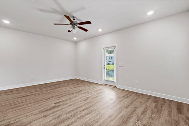 Empty room, Interior, Recessed Lighting, Wood Texture Flooring