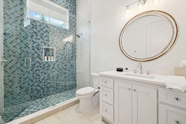 Bathroom, Glass Shower, Interior, Wood Texture Flooring