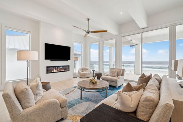 Fireplace, Interior, Living room, Recessed Lighting, Water, Wood Texture Flooring