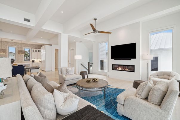 Fireplace, Interior, Kitchen, Living room, Recessed Lighting, Wood Texture Flooring
