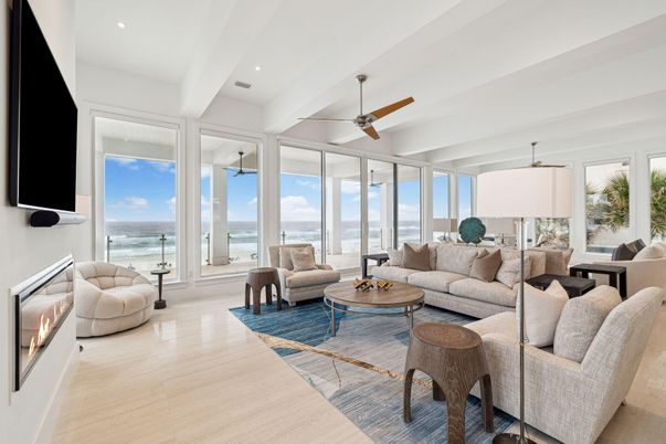 Fireplace, Interior, Living room, Recessed Lighting, Water, Wood Texture Flooring