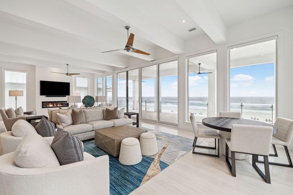 Dining room, Fireplace, Interior, Living room, Recessed Lighting, Water, Wood Texture Flooring