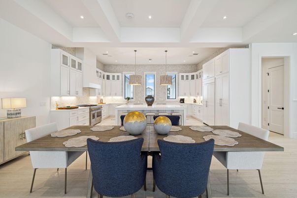 Dining room, Interior, Kitchen, Pendant Lights, Recessed Lighting, Wood Texture Flooring