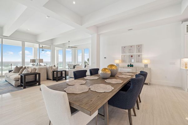Dining room, Interior, Living room, Recessed Lighting, Water, Wood Texture Flooring